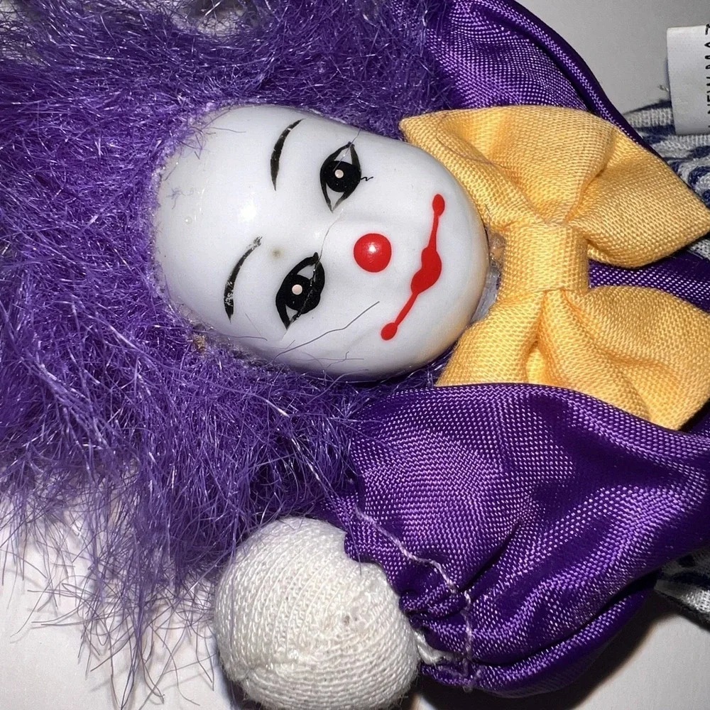 Vintage 1980s Q-Tee Sand-Filled Clown Doll Purple Hair Mardi Gras Theme NOLA